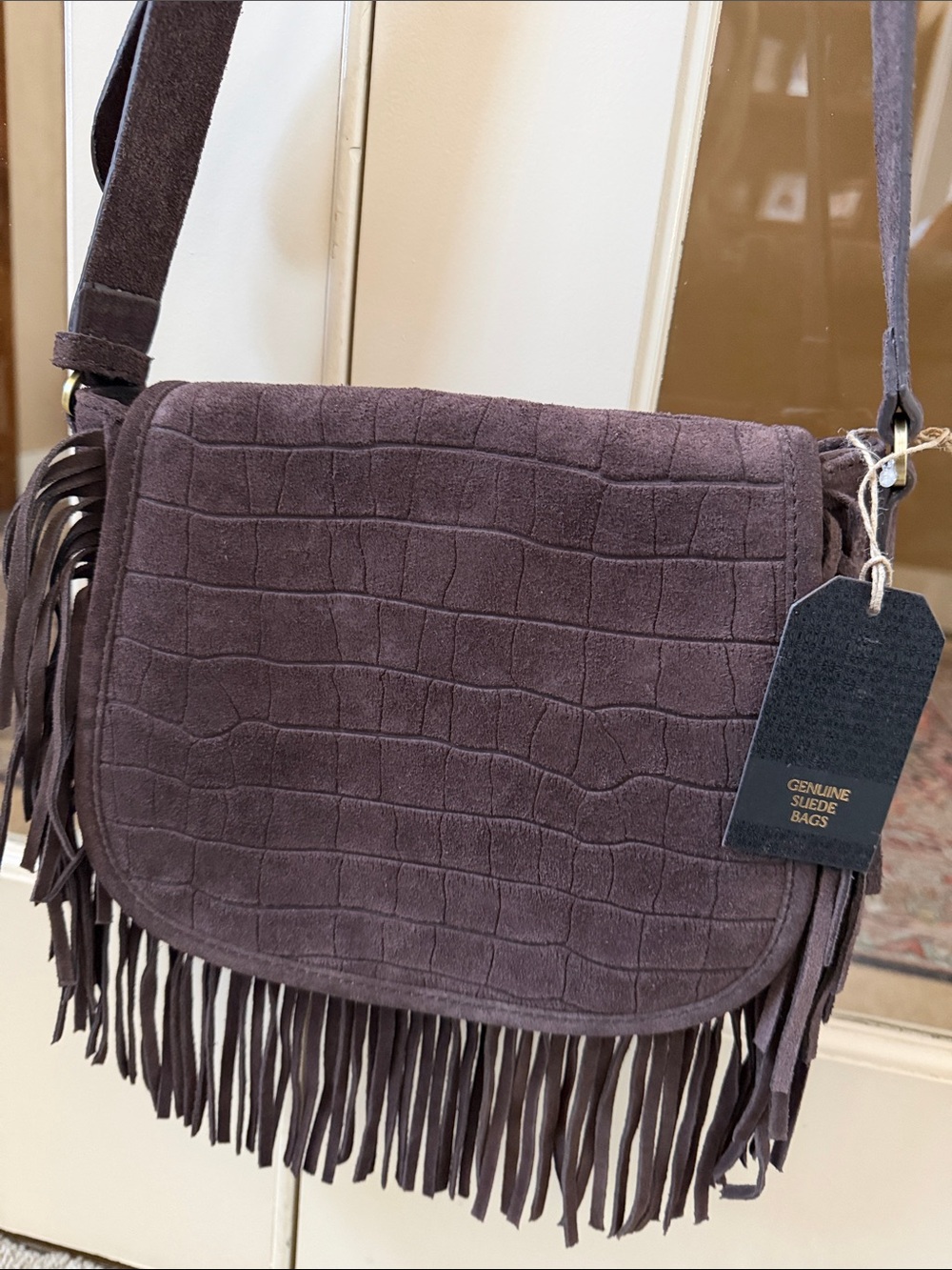 Genuine Suede Women’s Brown Croc Embossed Fringe Crossbody Saddle Bag - Picture 4 of 9